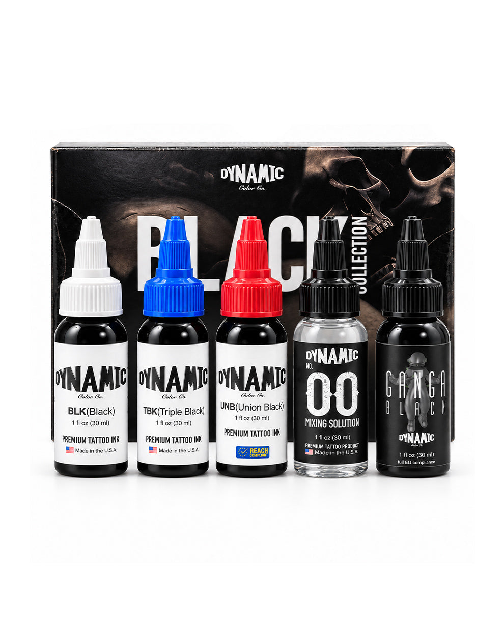 Five Dynamic Color Ink tattoo bottles displayed in front of their branded black packaging box on a clean white background. The bottles include BLK (Black), TBK (Triple Black), UMB (Union Black), 00 Mixing Solution, and Ganga Black, with three featuring colored caps (white, blue, and red) and two in black.