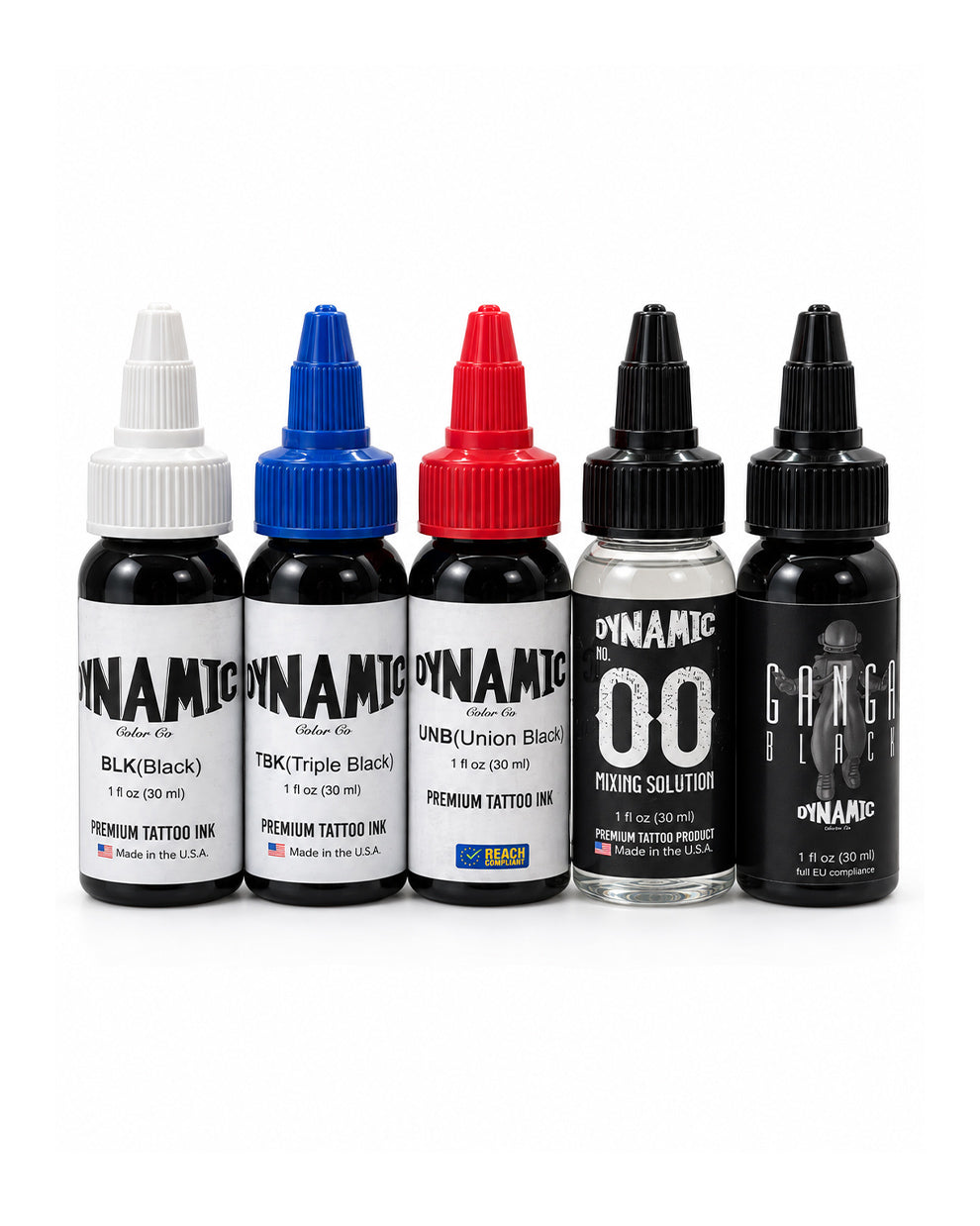 Five Dynamic Ink tattoo ink bottles lined up on a white background, featuring Black, Triple Black, Union Black, Clear, and Grainer Black inks.