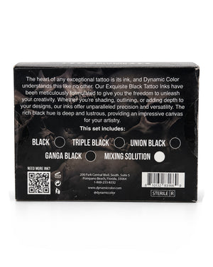 Back of Balck Tattoo Ink Set retail packaging, showing product details, shade options, barcode, QR code, and sterilization info on a white background.
