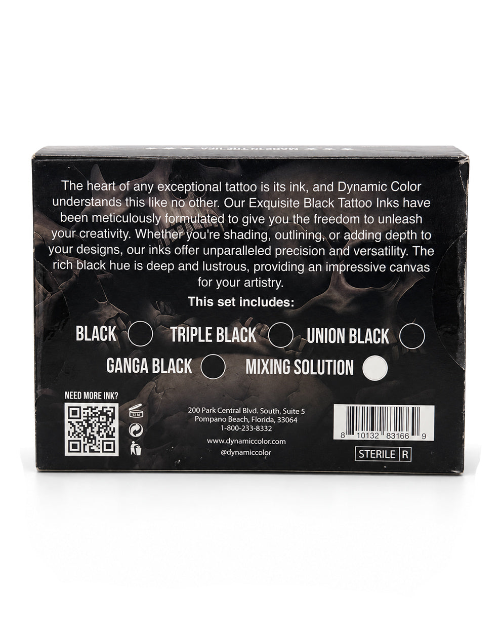 Back of Balck Tattoo Ink Set retail packaging, showing product details, shade options, barcode, QR code, and sterilization info on a white background.
