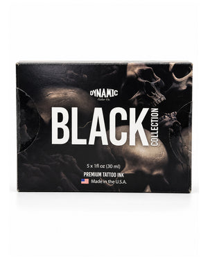A rectangular box of Dynamic Canvas Black Collection Premium Tattoo Ink, featuring a dark graphic design with skull imagery and bold white text on a white background.