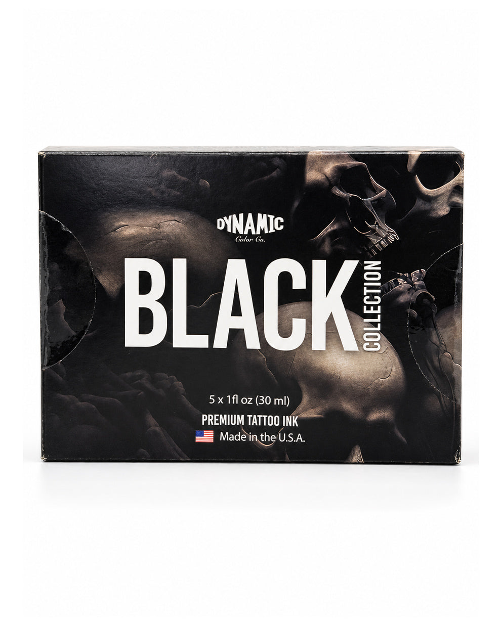 A rectangular box of Dynamic Canvas Black Collection Premium Tattoo Ink, featuring a dark graphic design with skull imagery and bold white text on a white background.