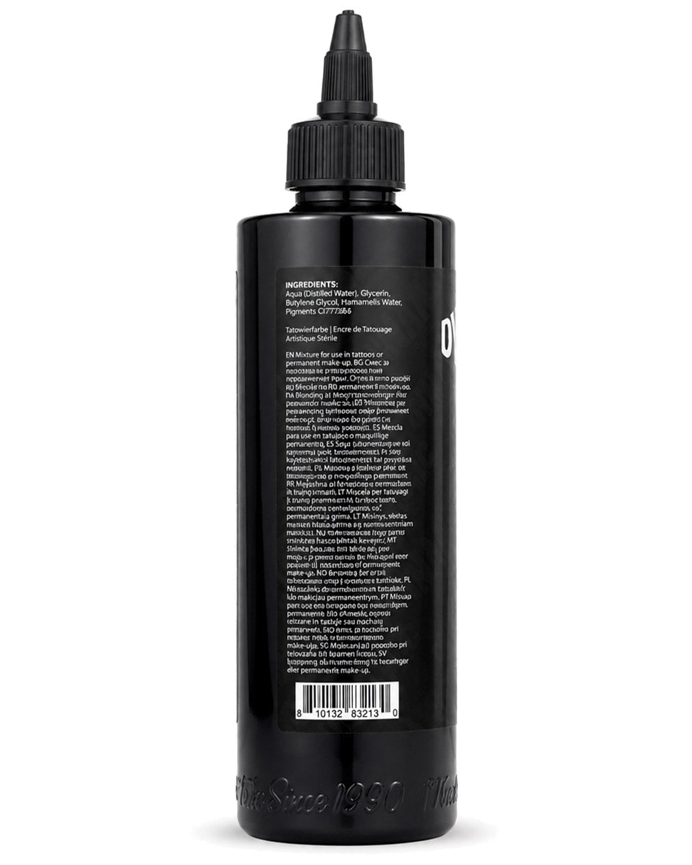 Black tattoo ink bottle with label on a white background