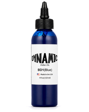 A  4 fl oz (120 ml) blue bottle of Dynamic Color Co. BD1 tattoo ink with a black dropper cap and a white label, shown on a plain white background.