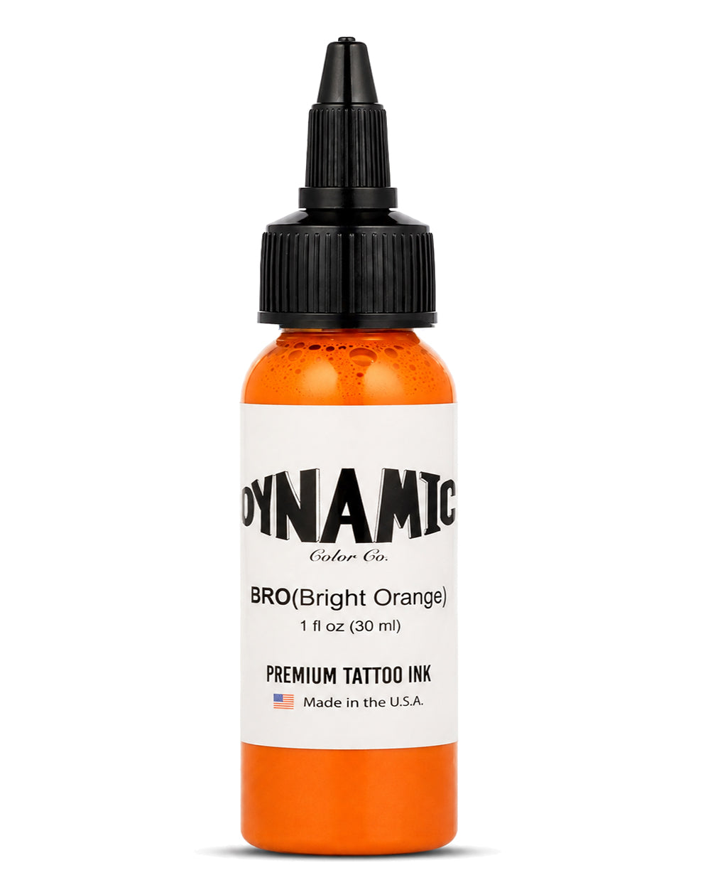 A 1 fl oz (30 ml) bottle of Dynamic Color Co. tattoo ink in the shade BRO (Bright Orange), featuring bright orange ink visible through the clear bottle, a white label with black text, and a black plastic dropper cap, set against a plain white background.