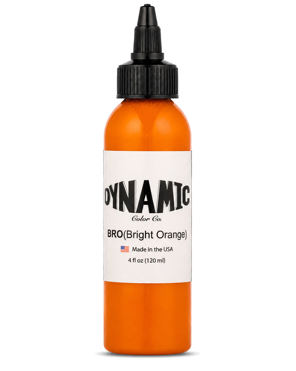 A 4 fl oz (120 ml) bottle of Dynamic Color Co. tattoo ink in the shade BRO (Bright Orange), featuring bright orange ink visible through the clear bottle, a white label with black text, and a black plastic dropper cap, set against a plain white background.