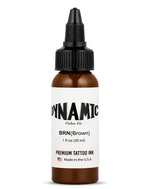 A 1 fl oz (30 ml) bottle of Dynamic Color Co. BRN (Brown) premium tattoo ink, featuring a white label and a black dropper cap on a clean white background.