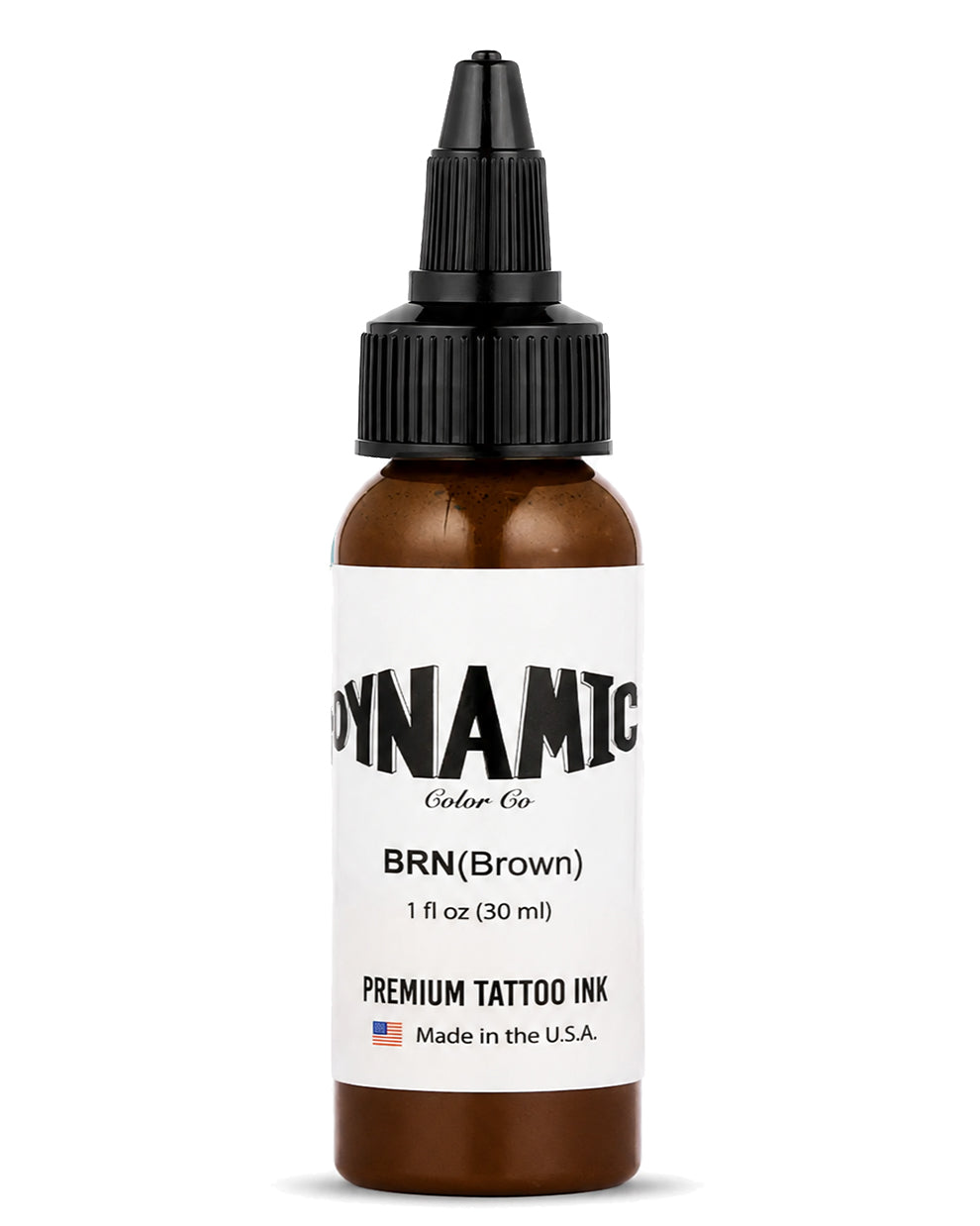 A 1 fl oz (30 ml) bottle of Dynamic Color Co. BRN (Brown) premium tattoo ink, featuring a white label and a black dropper cap on a clean white background.
