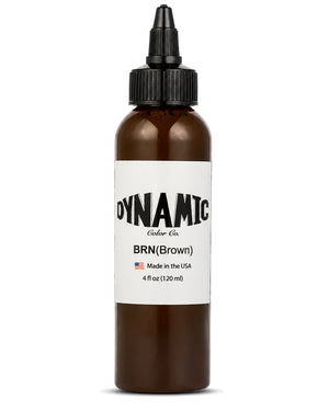 A  4 fl oz (120 ml) bottle of Dynamic Color Co. BRN (Brown) premium tattoo ink, featuring a white label and a black dropper cap on a clean white background.