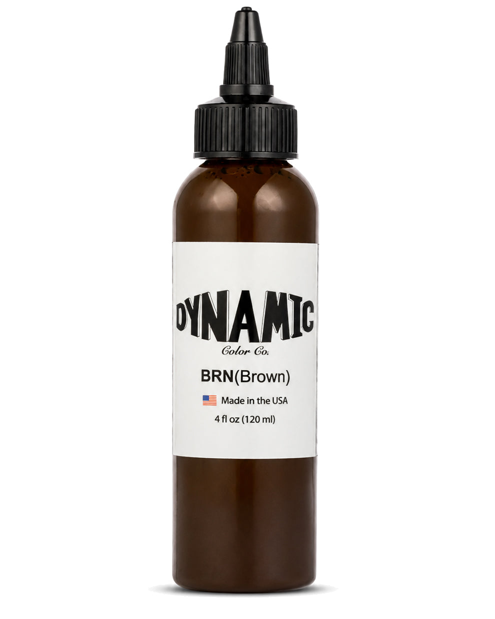 A  4 fl oz (120 ml) bottle of Dynamic Color Co. BRN (Brown) premium tattoo ink, featuring a white label and a black dropper cap on a clean white background.