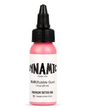 A bottle of Dynamic Color Co. BUB (Bubble Gum) premium tattoo ink, 1 fl oz (30 ml), featuring a bright bubble gum pink liquid inside a clear bottle with a black cap and white label.