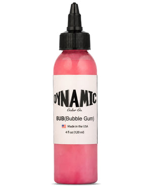 A bottle of Dynamic Color Co. BUB (Bubble Gum) premium tattoo ink,  4 fl oz (120 ml), featuring a bright bubble gum pink liquid inside a clear bottle with a black cap and white label.
