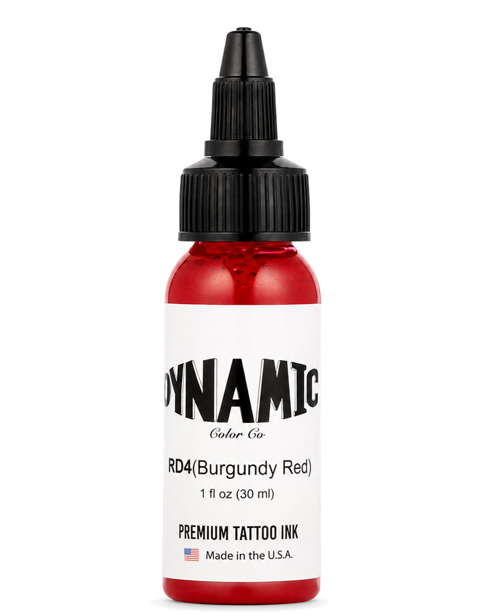A bottle of Dynamic Color Co. RD4 (Burgundy Red) premium tattoo ink, 1 fl oz (30 ml), in a clear bottle showing the red ink inside, with a white label and a black dropper cap, on a white background.