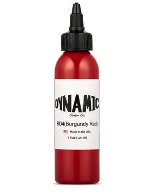 A bottle of Dynamic Color Co. RD4 (Burgundy Red) premium tattoo ink, 4 fl oz 120 ml), in a clear bottle showing the red ink inside, with a white label and a black dropper cap, on a white background.
