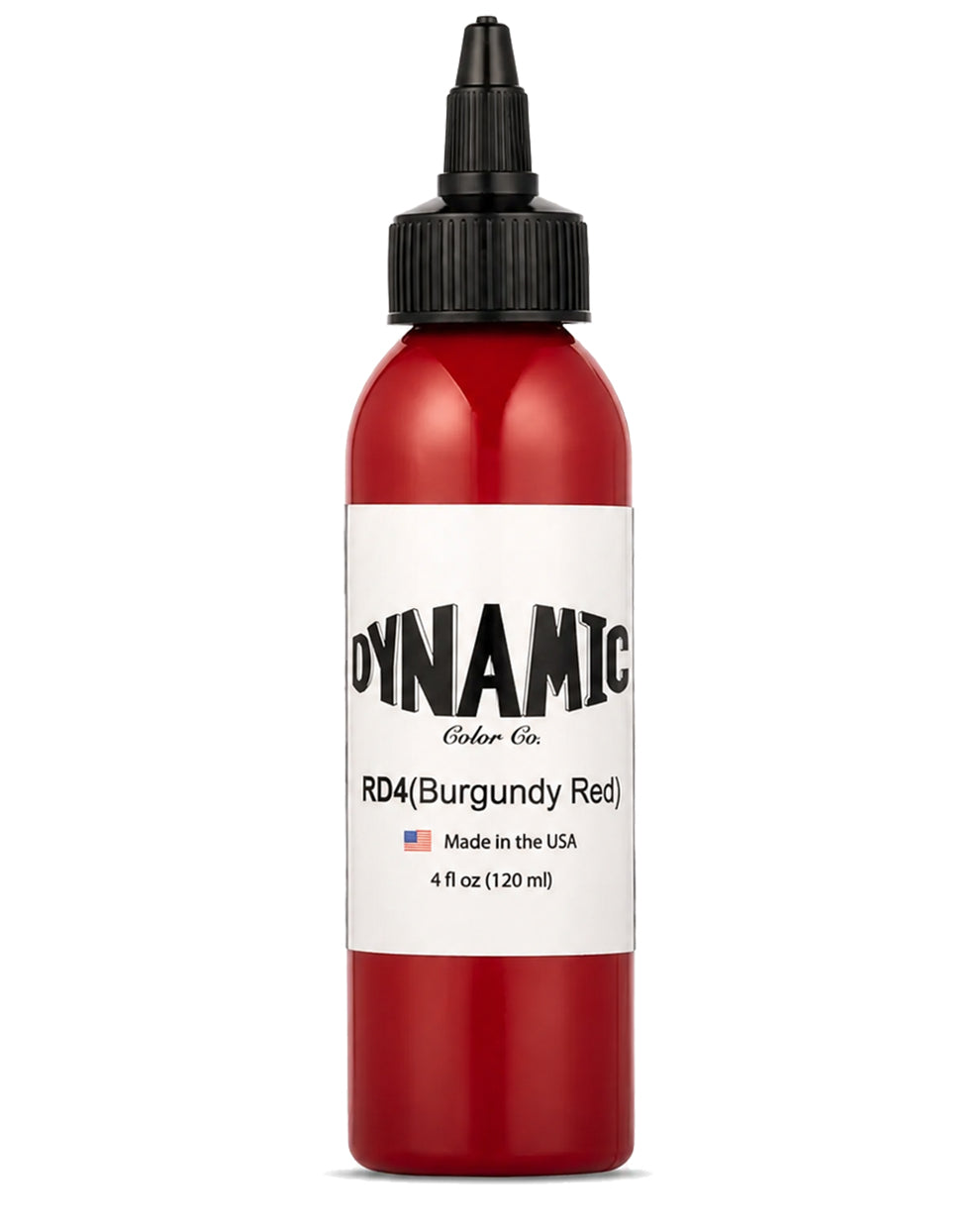 A bottle of Dynamic Color Co. RD4 (Burgundy Red) premium tattoo ink, 4 fl oz 120 ml), in a clear bottle showing the red ink inside, with a white label and a black dropper cap, on a white background.