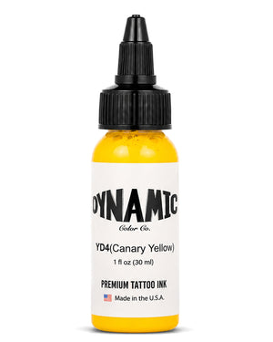 A bottle of Dynamic Color Co. YD4 (Canary Yellow) premium tattoo ink, 1 fl oz (30 ml), featuring a black dropper cap and a white label with black text, set against a plain white background.