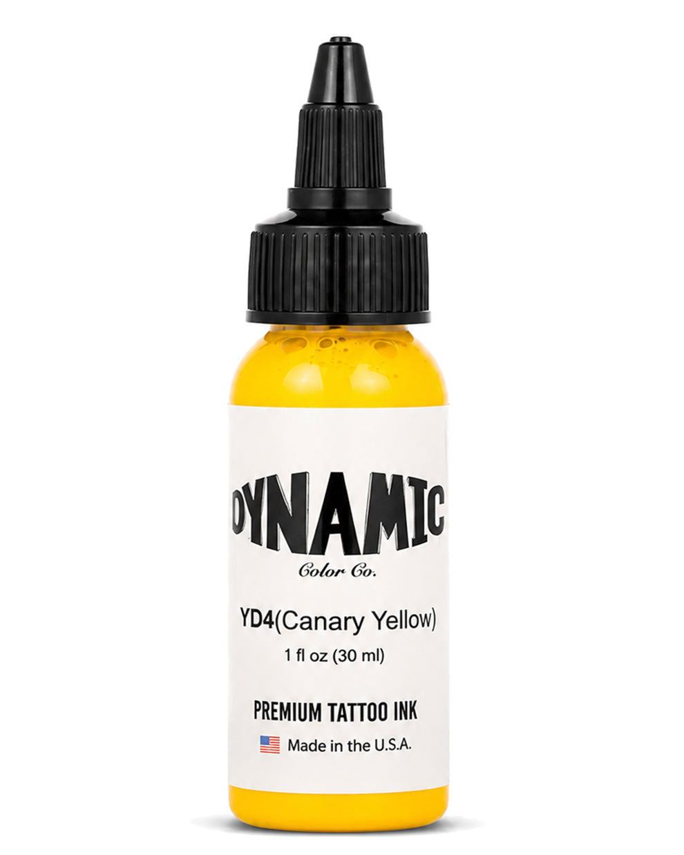 A bottle of Dynamic Color Co. YD4 (Canary Yellow) premium tattoo ink, 1 fl oz (30 ml), featuring a black dropper cap and a white label with black text, set against a plain white background.