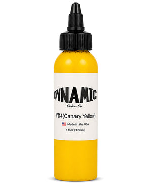 A 4 fl oz (120 ml) bottle of Dynamic Color Co. YD4 (Canary Yellow) ink, featuring a bright yellow body, a white label with black text, and a black cap, set against a plain white background.