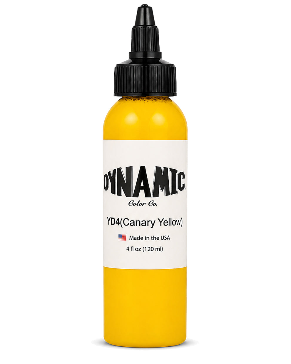A 4 fl oz (120 ml) bottle of Dynamic Color Co. YD4 (Canary Yellow) ink, featuring a bright yellow body, a white label with black text, and a black cap, set against a plain white background.