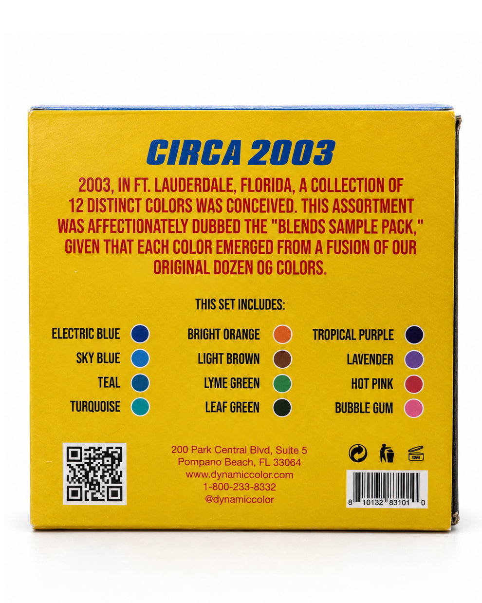 The back of a yellow box for a color assortment called 'Circa 2003' by Dynamic Color, featuring text, a QR code, a barcode, and a color wheel with 12 distinct colors.