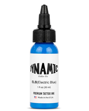 A 1 oz (30 ml) bottle of Dynamic Color Co. ELB (Electric Blue) premium tattoo ink, featuring a bright blue bottle, a white label with black text, and a black plastic dropper cap, set against a plain white background.