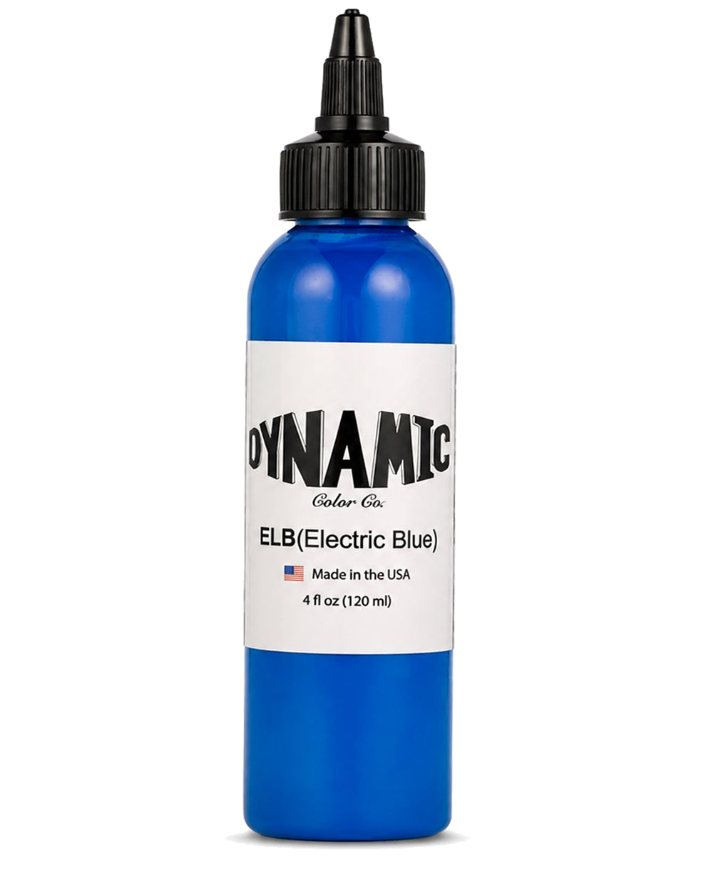 A 4 fl oz (120 ml) bottle of Dynamic Color Co. ELB (Electric Blue) tattoo ink, featuring a vibrant blue bottle, a white label with black text, and a black cap, set against a plain white background.