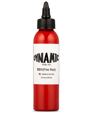 Red bottle of Dynamic Color Co. RD1 Fire Red4oz 120ml color on a white background
