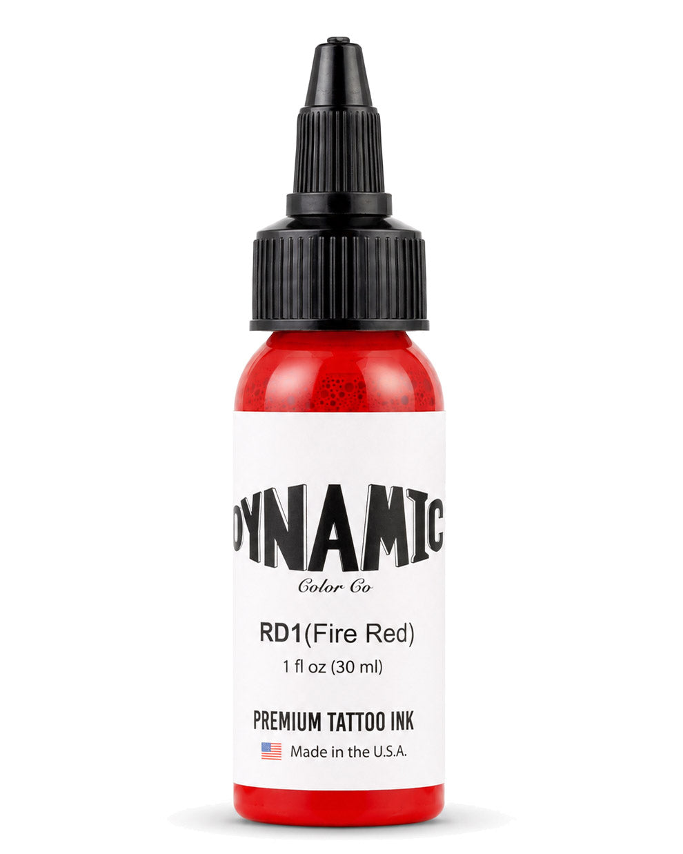 Bottle of Dynamic Tattoo Ink in Fire Red color on a white background