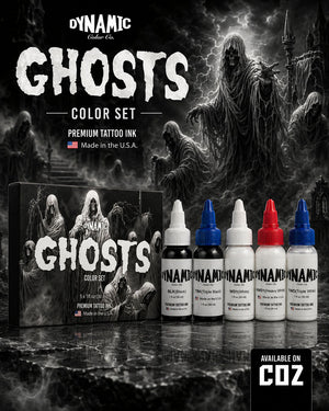 Dynamic Ghosts Color Tattoo Ink Set 5 bottles 1oz 30ml each with bottles in front and box behind on dark ghost themed background premium tattoo ink set COZ Tattoo Supplies