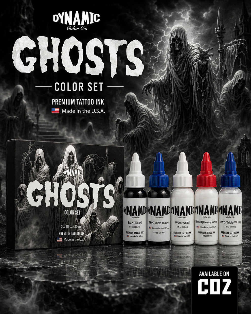 Dynamic Ghosts Color Tattoo Ink Set 5 bottles 1oz 30ml each with bottles in front and box behind on dark ghost themed background premium tattoo ink set COZ Tattoo Supplies