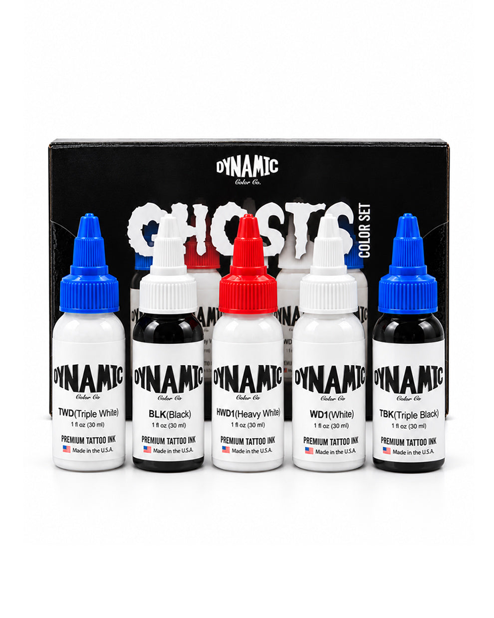 Dynamic Ghosts Color Set premium tattoo ink bottles arranged in front of their black packaging box.