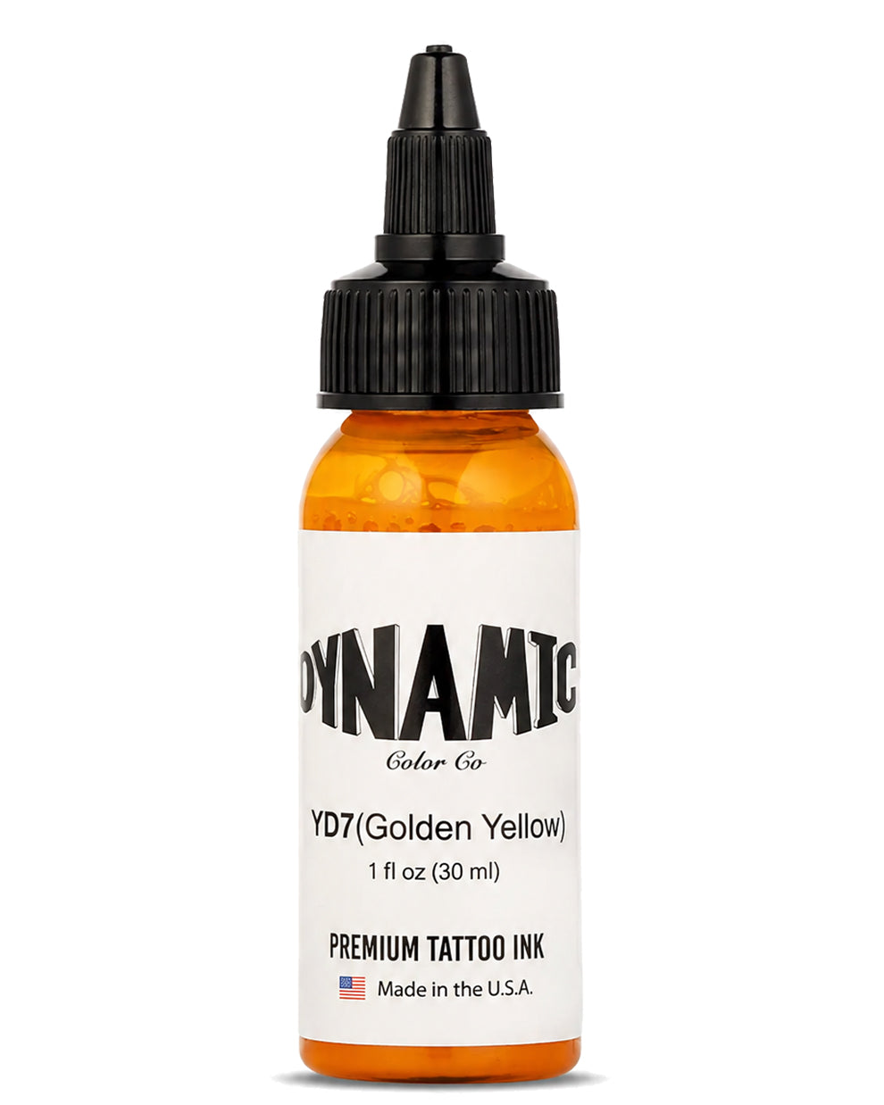 A 1 fl oz (30ml) bottle of Dynamic Color Co. YD7 Golden Yellow premium tattoo ink, featuring a bottle with a white label with black text, and a black plastic dropper cap, set against a plain white background.