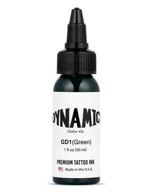 A 1 fl oz 30ml bottle of Dynamic Color Co. GD1 (Green) premium tattoo ink, featuring a black cap and a white label with black text, set against a plain white background.