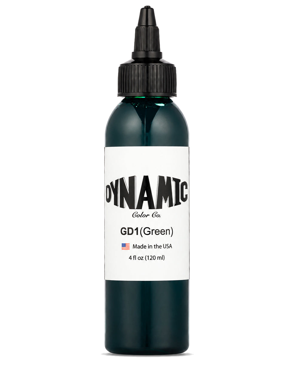 A 4 fl oz 120ml bottle of Dynamic Color Co. GD1 (Green) tattoo ink, featuring a dark green bottle, black cap, and a white label with black text, set against a plain white background.