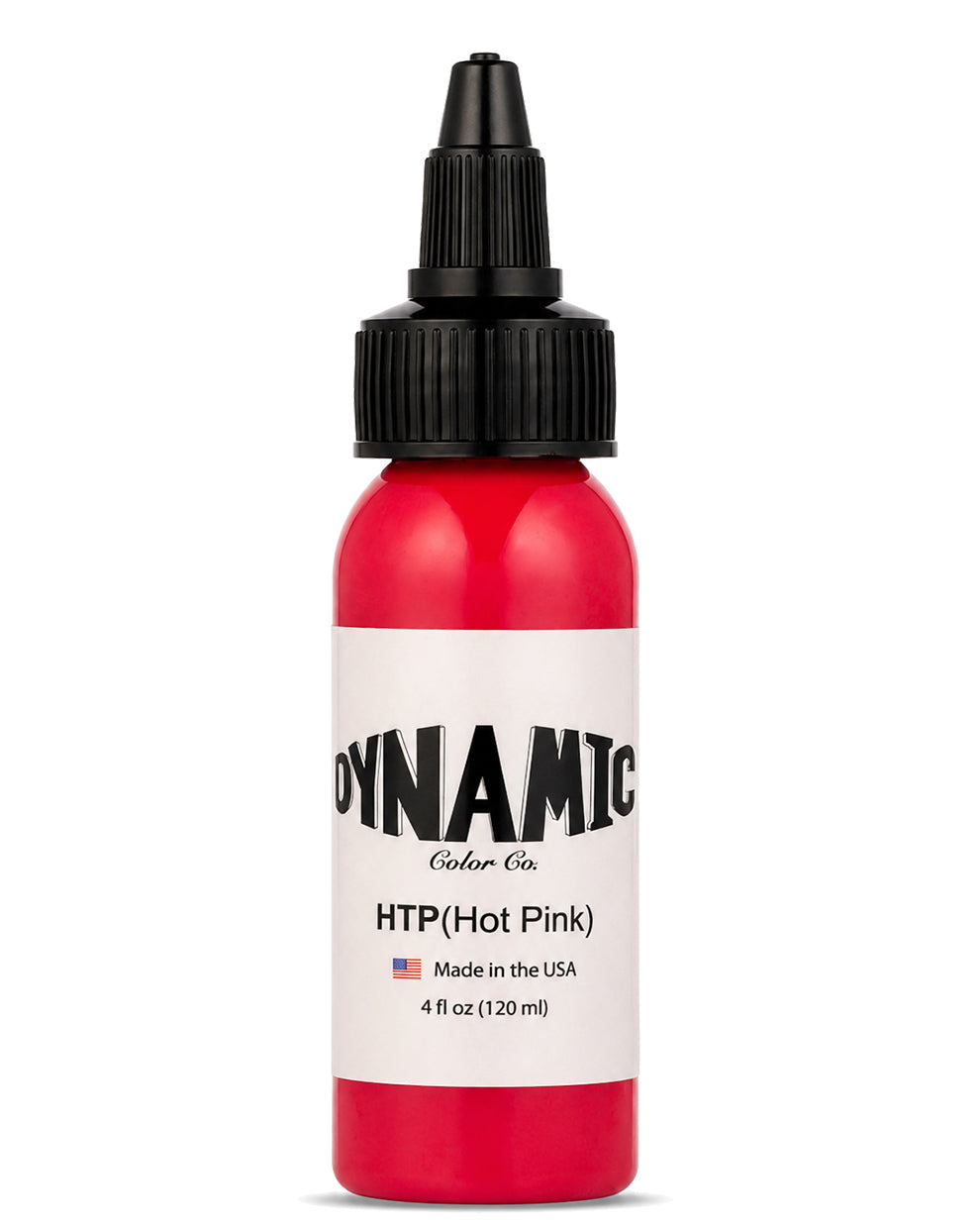 A 4 fl oz (120 ml) bottle of Dynamic Color Co. HTP (Hot Pink) ink, featuring a bright red bottle, a white label with black text, and a black plastic dropper cap, set against a plain white background.