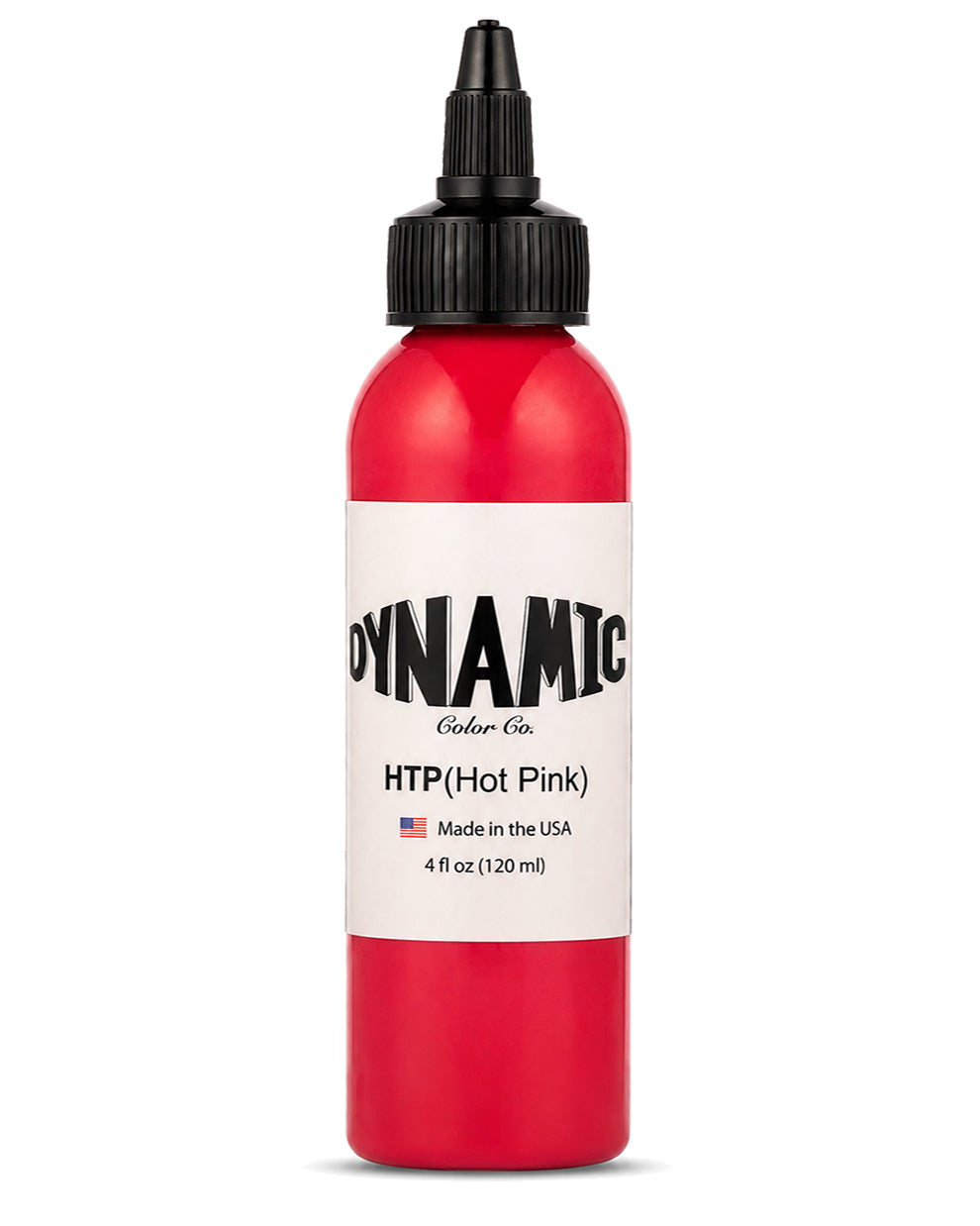A 4 fl oz (120 ml) bottle of Dynamic Color Co. HTP (Hot Pink) ink, featuring a bright red bottle, a white label with black text, and a black plastic squeeze cap, set against a plain white background.