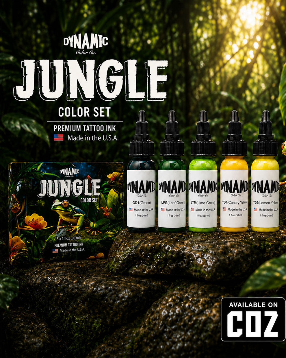 Dynamic Jungle Color Tattoo Ink Set 5 bottles 1oz 30ml each with bottles in front and box behind on jungle themed background premium tattoo ink set COZ Tattoo Supplies