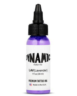 A bottle of Dynamic Color Co. Lavender premium tattoo ink, 1 fl oz (30 ml), featuring a purple liquid inside a clear bottle with a black cap and a white label.
