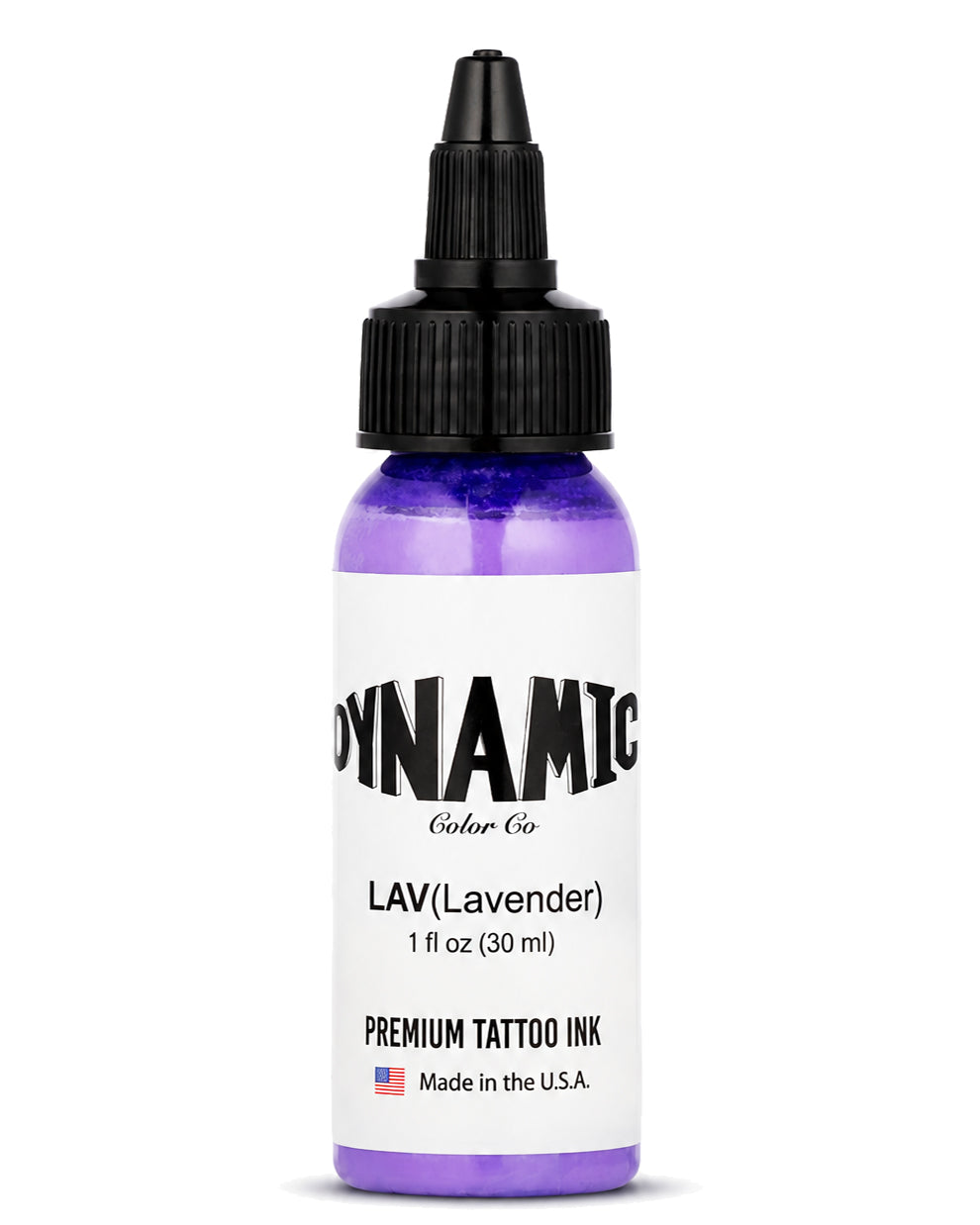 A bottle of Dynamic Color Co. Lavender premium tattoo ink, 1 fl oz (30 ml), featuring a purple liquid inside a clear bottle with a black cap and a white label.
