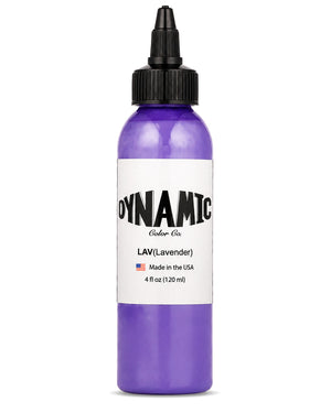 A 4 fl oz  (120 ml) bottle of Dynamic Ink Co. Lavender tattoo ink, featuring a translucent purple bottle, a white label with black text, and a black cap, shown on a white background.