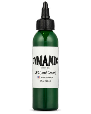 A 4 fl oz (120 ml) green bottle of Dynamic Color Co. LFG (Leaf Green) ink with a black cap and white label, shown on a white background.