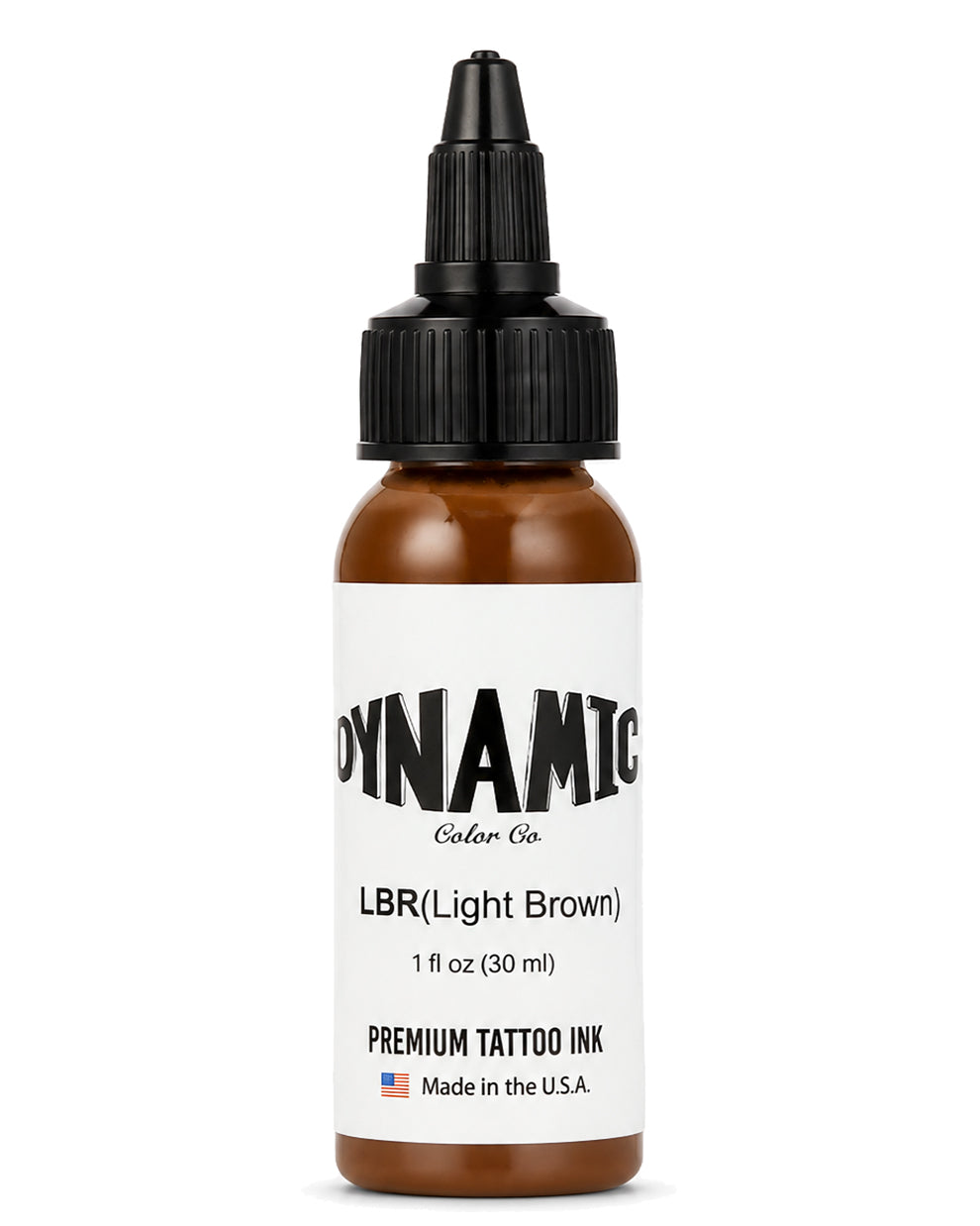 A 1 fl oz (30 ml) bottle of Dynamic Color Co. LBR (Light Brown) premium tattoo ink, featuring a white label and a black dropper cap, set against a plain white background.