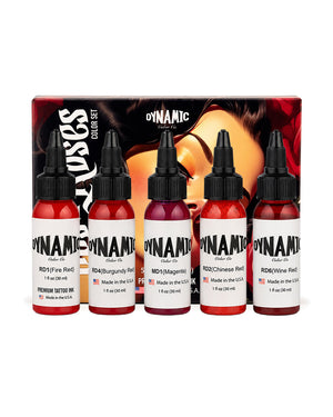 Dynamic Lips and Roses Color Tattoo Ink Set 5 bottles 1oz 30ml each with bottles in front and box behind rich tattoo ink set for floral and bold color work COZ Tattoo Supplies