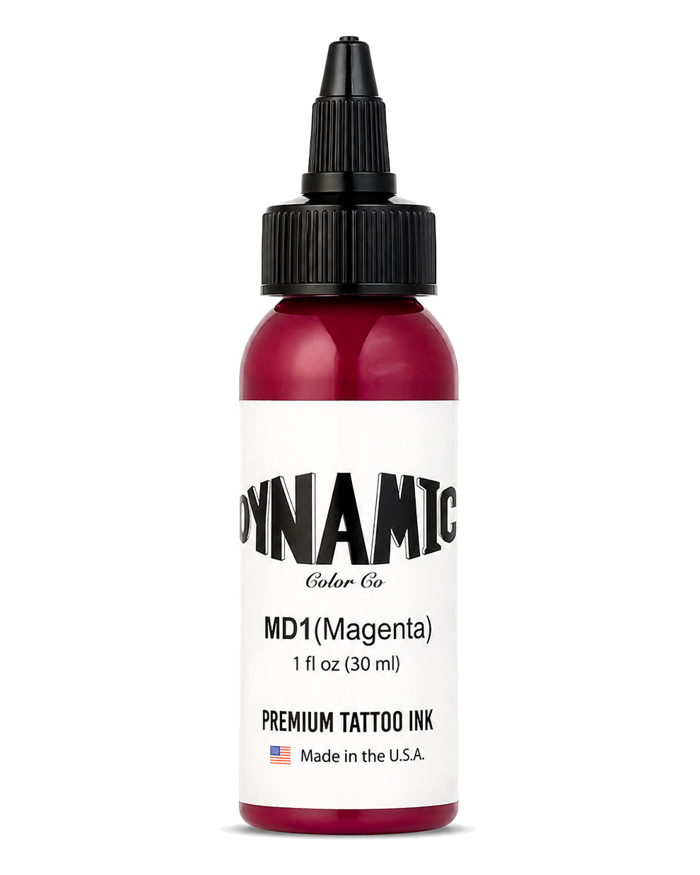 A bottle of Dynamic Color Co. MD1 (Magenta) premium tattoo ink, 1 fl oz (30 ml), in a magenta-red color with a white label and black cap, on a white background.