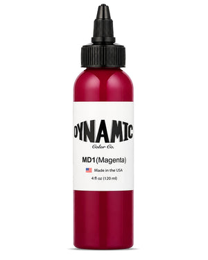 A 4 fl oz (120 ml) bottle of Dynamic Ink Co. MD1 (Magenta) ink, featuring a white label with black text and a black cap, set against a plain white background.