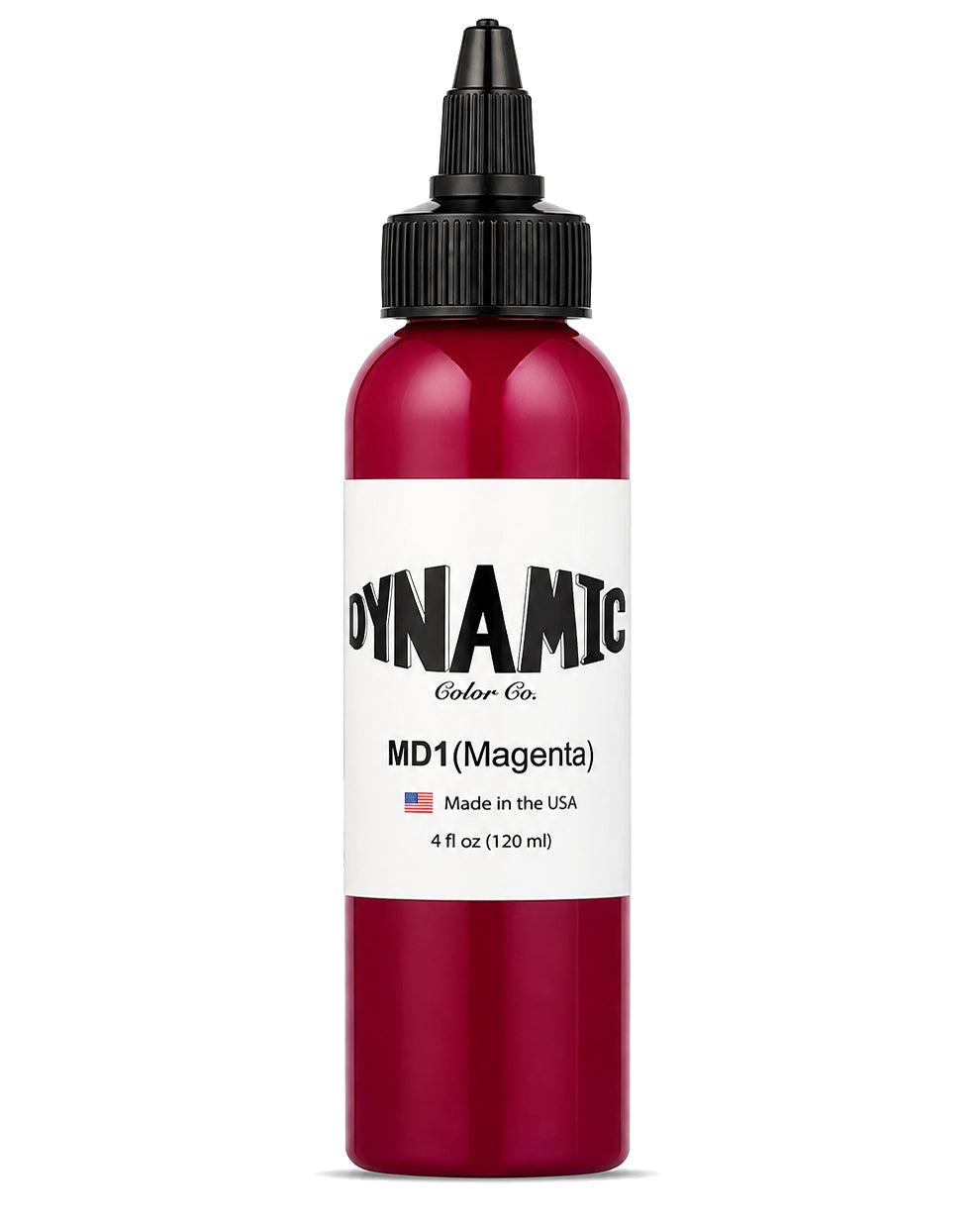 A 4 fl oz (120 ml) bottle of Dynamic Ink Co. MD1 (Magenta) ink, featuring a white label with black text and a black cap, set against a plain white background.