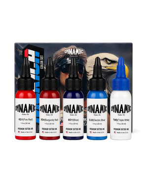 Dynamic Merica Color Tattoo Ink Set 5 bottles 1oz 30ml each with bottles in front and box behind patriotic color tattoo ink set for bold saturated designs COZ Tattoo Supplies