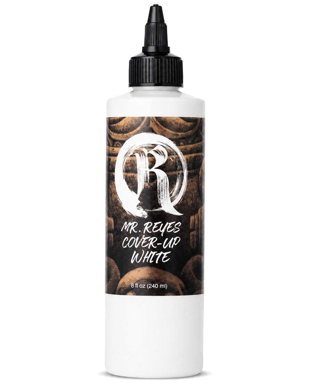 Bottle of Mr. Reyes Cover-Up White tattoo ink with a black cap on a white background