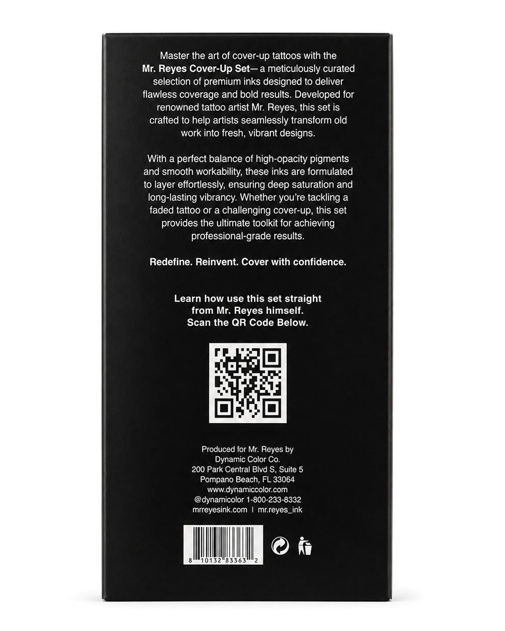 Dynamic Mr Reyes Cover Up Tattoo Ink box back packaging with product details and information COZ Tattoo Supplies