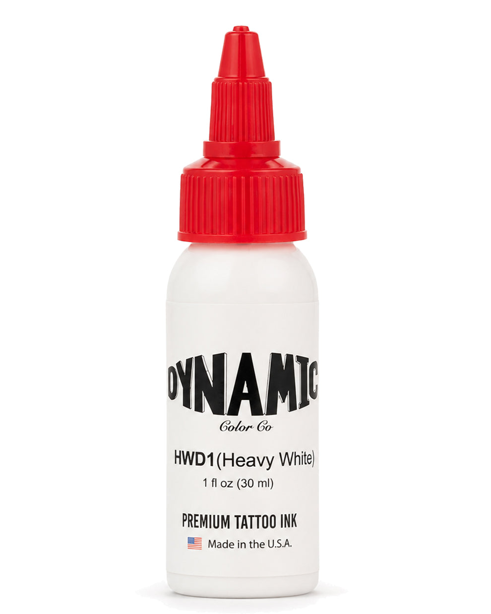 A of Dynamic Color Co. HWD1 (Heavy White)  (1 fl) 30 ml bottle premium tattoo ink in a clear bottle on a white background